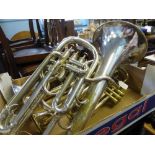 An Excelsior Sonorous Class A Hawkes & Son Tuba together with three trumpets, makers names Class A