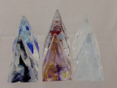 Six Caithness Pyramid Paperweights, including Blush, Clear, Red, Blue, White and Purple.