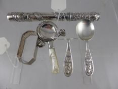 Miscellaneous Silver, including a porridge pusher, napkin ring, porridge spoon, a rattle and a