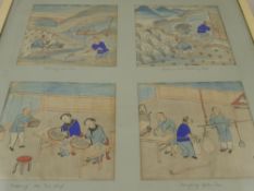 Four Circa 1900 Chinese Paintings on Silk, depicting domestic and farming scenes, entitled "Planting