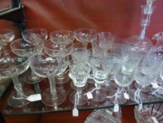 Antique Edwardian Glass, including seven champagne glasses, thirteen sherry glasses and three
