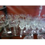 Antique Edwardian Glass, including seven champagne glasses, thirteen sherry glasses and three