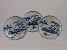 Three Blue and /White Early Chinese Style First Series Worcester Tea Bowls. The bowls depicting
