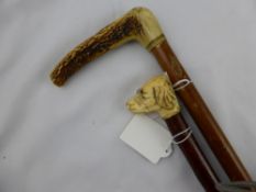 A 19th century Ivory Headed Cane depicting a Labrador together with one other cane (2)