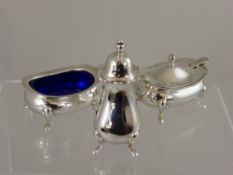 A Solid Silver Cruet Set, Birmingham hallmark, m.m BES &  Co, comprising mustard, salt and pepper