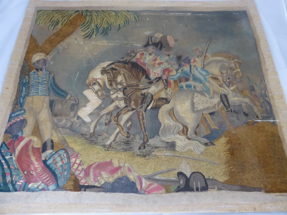 A circa 1800 Silk Painted and Embroidered Panel, possibly the Battle of Waterloo, approx 65 x 53
