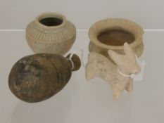 A Miniature Roman Amphora, approx 10 cms, together with a white glaze dish with incise decorations