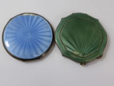 Two Vintage Ladies Compacts, with decorative enamel tops of green and blue together with a child's