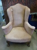 An Antique Wing Back Armchair on ball and claw feet.