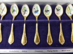 An Australian State Bird Spoon Collection, each spoon is gold plated with enamel bowl in original