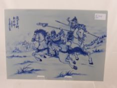 Five Blue and White Ceramic Tiles, depicting Chinese warriors on horseback and one other of two