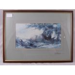 A David Shepherd print depicting a Lion under aTree, framed and glazed approx 29 x 16 cms.