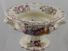 A Masons patent ironstone china fruit basket on pedestal base, decorated with fruit and foliage