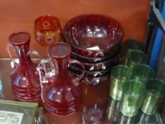 A Quantity of Coloured Glass, including four red bowls, cranberry hock glass and two red