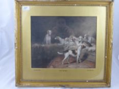 A Pair of  Antique Prints, depicting Fox Hounds, approx 37 x 30 cms, presented in gilt wood frames.