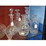 Five Vintage Cut Glass Decanters, two with tops missing.