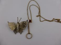 A Maltese style silver butterfly brooch together with a 9 ct gold and pink stone art deco style