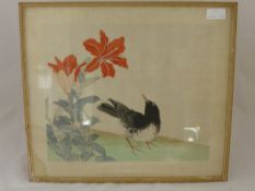 Three Antique Chinese Paintings on Silk, the first depicting a sparrow feeding, the second