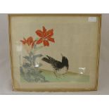 Three Antique Chinese Paintings on Silk, the first depicting a sparrow feeding, the second