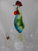 A coloured glass cockerel together with an egg, two miniature vases and a silver collared scent