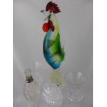 A coloured glass cockerel together with an egg, two miniature vases and a silver collared scent