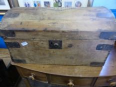 A vintage pine box having a domed lid, makers Joseph H Corin, Cardiff, box and trunk makers, approx.