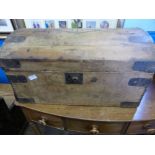 A vintage pine box having a domed lid, makers Joseph H Corin, Cardiff, box and trunk makers, approx.