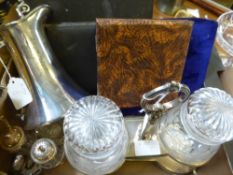 A collection of assorted silver plate including double cut glass pickle jar with two bone handled