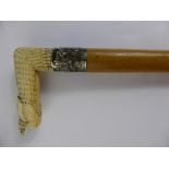 An Antique Silver Banded Chinese Walking Stick with ivory handle (WAF).