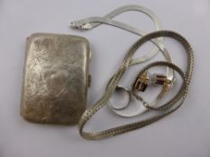 Four misc silver items, including a cigarette case, two necklaces, a pair of earrings and a ring.