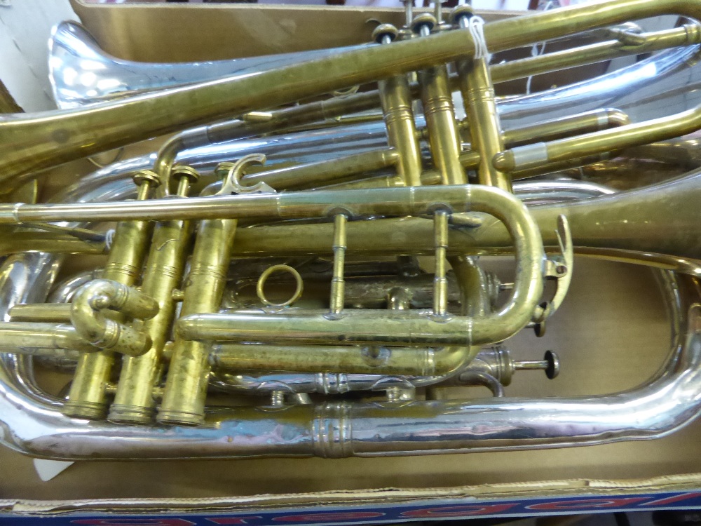 An Excelsior Sonorous Class A Hawkes & Son Tuba together with three trumpets, makers names Class A - Image 2 of 2