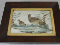 An Antique Chinese Original Watercolour and Feather Art Picture, depicting Grouse, presented in a