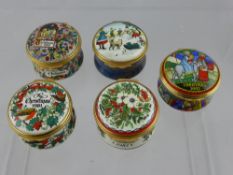 Five Halcyon Enamel Trinket Boxes, including Christmas 1981, Christmas 2003, Christmas 1992,