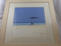 John Horsewell Acrylic on Board, depicting an isolated beach 60 x 60 cms framed and glazed.