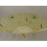 An Antique 19th Century Organza and Lace Fan, hand painted with Lilly of the Valley, on bone