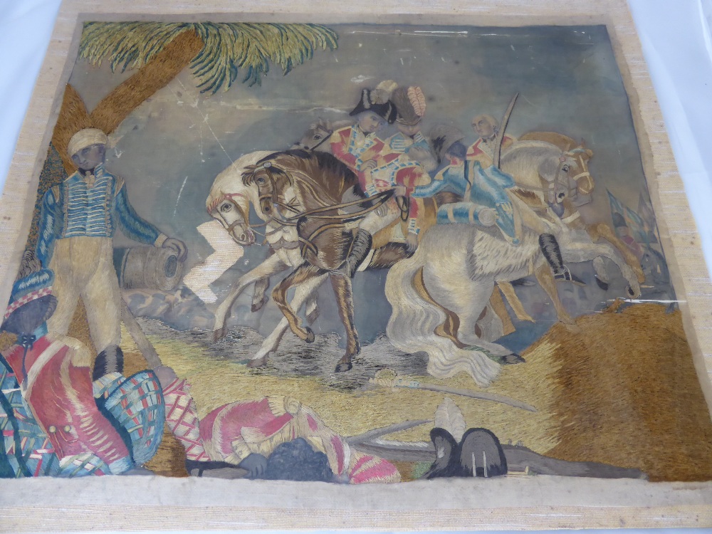 A circa 1800 Silk Painted and Embroidered Panel, possibly the Battle of Waterloo, approx 65 x 53 - Image 2 of 2
