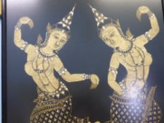 A set of four Thai original hand painted pictures depicting dancers and horses, glazed in ebonised