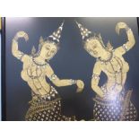 A set of four Thai original hand painted pictures depicting dancers and horses, glazed in ebonised
