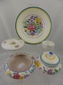 Five Poole Pottery pieces comprising two bowls, lidded jam pot, small bowl etc.