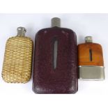 Three Vintage Gentleman's Hip Flasks, the first bound in maroon leather, the second a bamboo weave