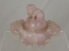 A Large Chinese Rose Quartz censer, the censer having Fo Dog handles and Finial, supported on tri-