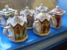 Six ceramic Sadler teapots comprising the Duke of Wellington, the Tower of London, King Charles I,