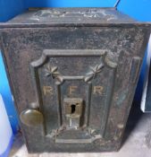 A Vintage Metal Safe marked R F R to the front and having decoration to the top and door, approx. 32