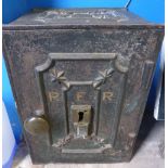 A Vintage Metal Safe marked R F R to the front and having decoration to the top and door, approx. 32