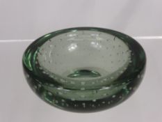 A Whitefriars Controlled Bubble Glass Bowl, Sea Green, approx 12 x 5 cms