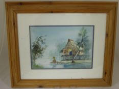 Three original watercolours depicting Thai village scenes approx. 26 x 30 cms.