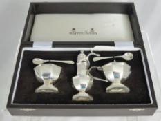 A Silver Mappin and Webb Condiment Trio, comprising salt, lidded mustard and pepper, Sheffield