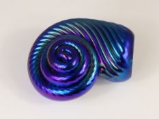 Alan Fox (Western Australia) Studio Glass Sculpture, blue iridescent glass in the form of a shell,