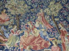 A Vintage Tapestry depicting a Medieval Scene, 100 x 65 cms together with two tasseled tapestry
