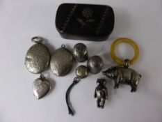 Miscellaneous Silver Items including two silver thimbles, three silver lockets, silver metal